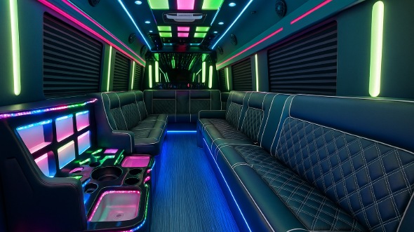 Interior of Charter Bus Company Lawrence's 50 Passenger Party Bus in Lawrence